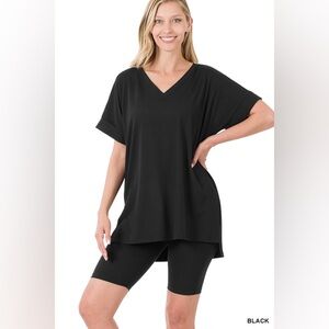 Zenana BRUSHED DTY MICROFIBER V-NECK TOP & BIKER SHORT SET